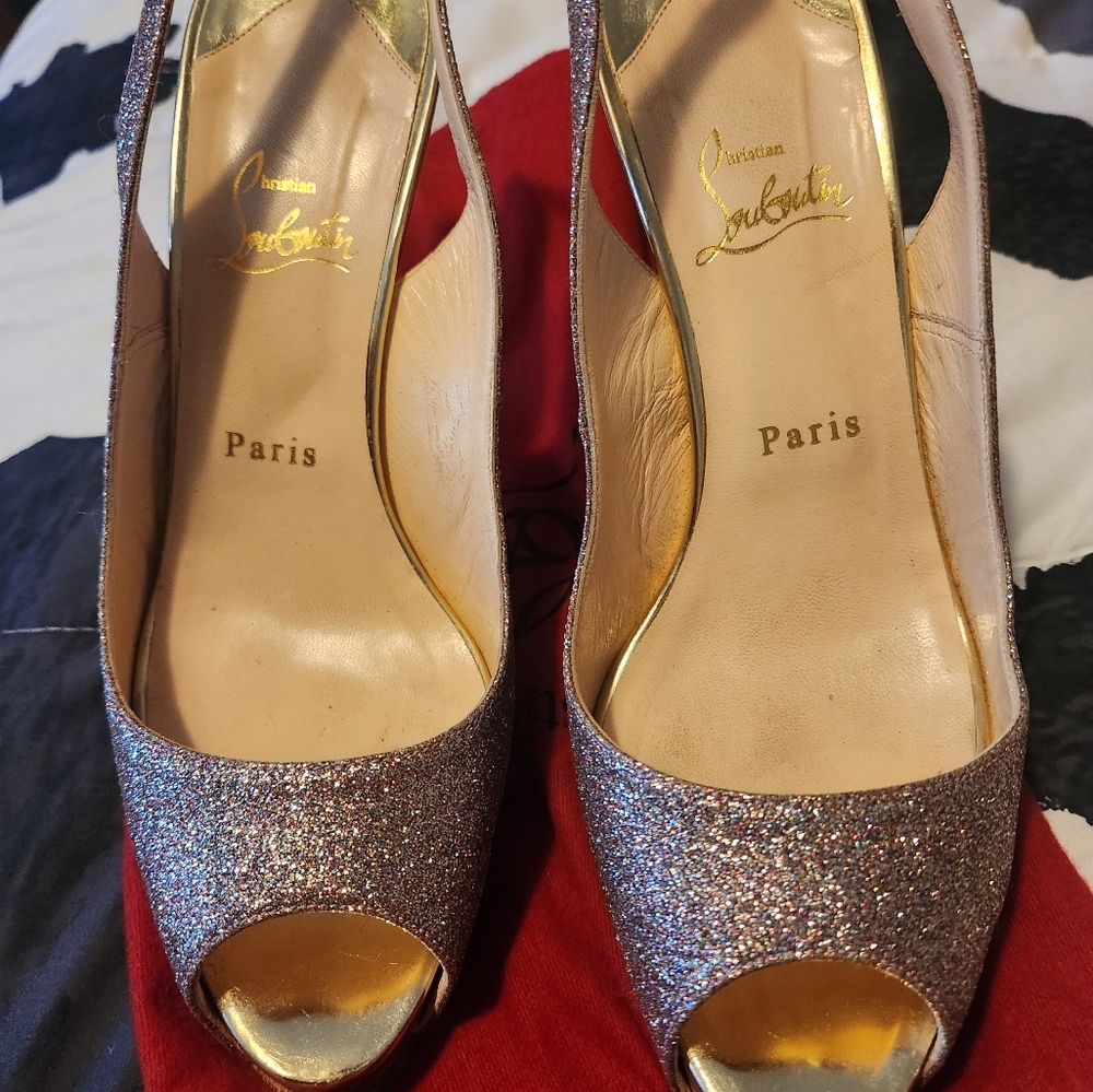 Christian Louboutin Lady Peep Slingback Peep Toe Glitter Heel sz 40 - Picture 15 of 16